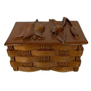 Vintage Handcrafted Wooden Trinket Box Tulip Floral Carved Top Basket Weave